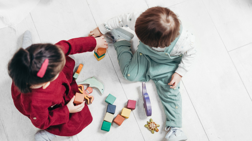 Deux enfants qui jouent avec des cubes en bois